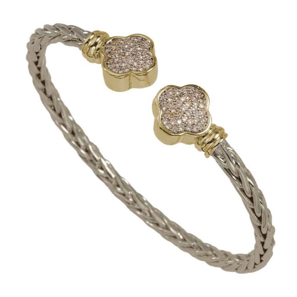 SILVER GOLD CUFF BANGLE QUATREFOIL CLEAR CZ CUBIC ZIRCONIA STONES ( 8505 BK )