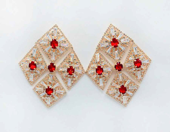 GLASS STATEMENT EARRINGS GOLD RED ( 2696 RD )