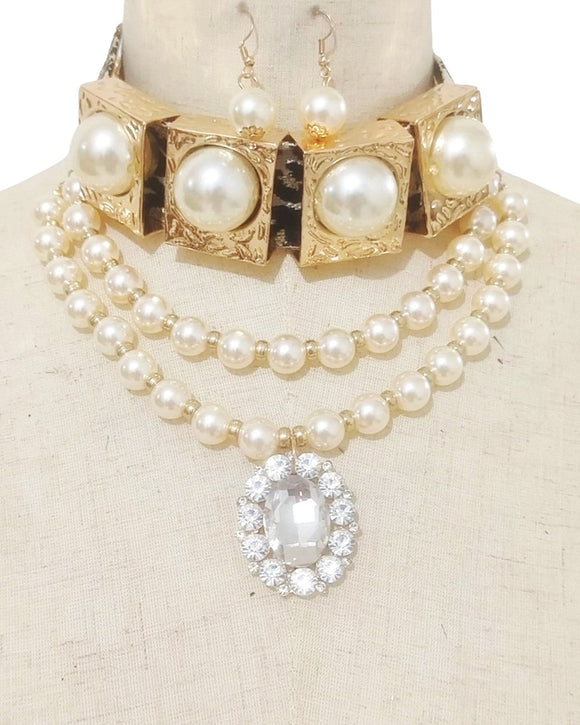 PEARL CHOKER NECKLACE SET ( 3699 GPLEOCRM )