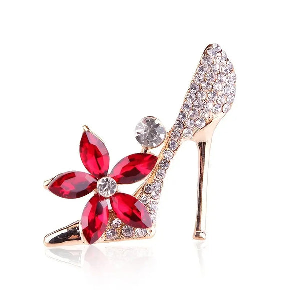 GOLD SHOE BROOCH CLEAR RED STONES ( 55749 )