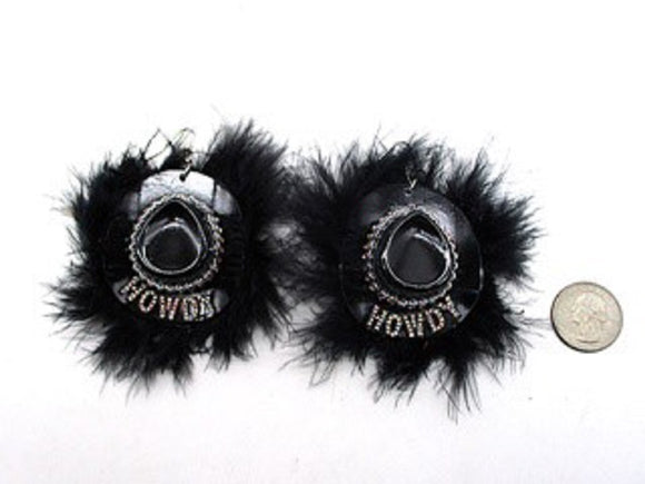 3D COWBOY FUR HAT HOWDY CRYSTAL EARRINGS ( 2328 BLK )