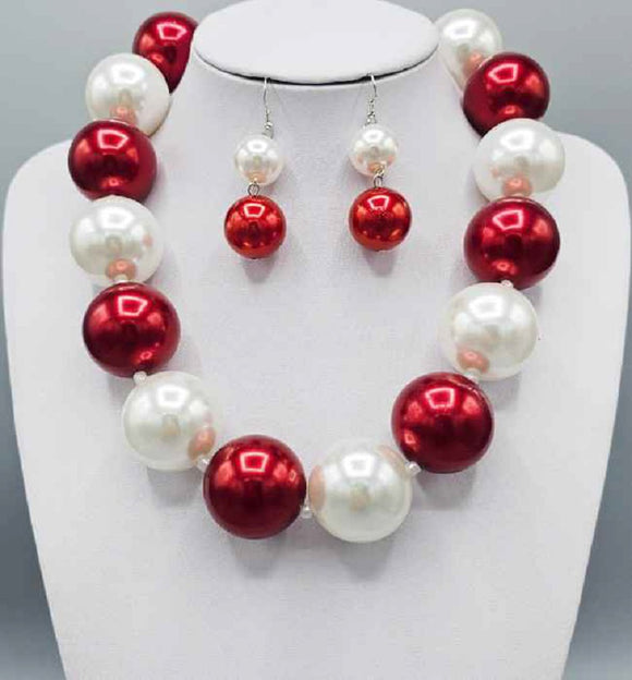 RED WHITE COLOR PEARL NECKLACE SET 30MM ( 3235 RD )