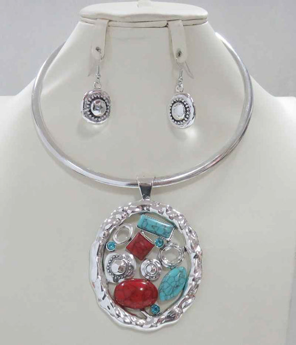 Silver Choker Necklace Set Turquoise Red Stones ( 4248 STQ )