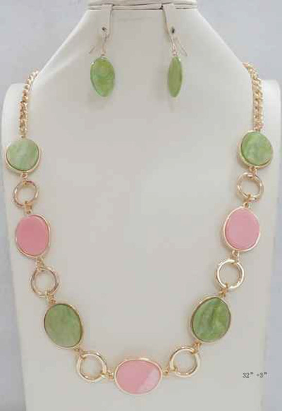 GOLD PINK GREEN NECKLACE SET ( 5089 PG )