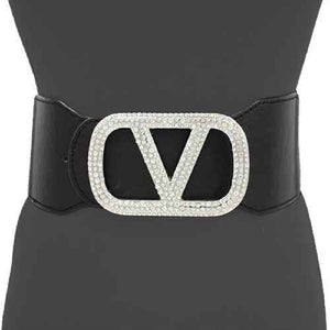 SILVER BLACK V STRETCH BELT CLEAR STONES ( 1309 RDBLK )