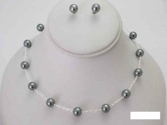 SILVER GREY Pearl Ball Necklace with Stud Earrings ( 3949 HP )