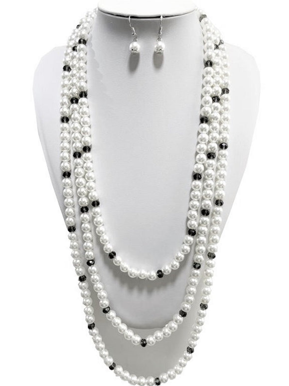 LONG WHITE BLACK PEARL NECKLACE SET ( 2853 RHWHTBK )
