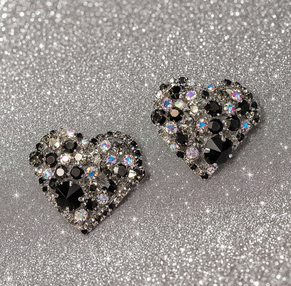 SILVER HEART CLIP ON EARRINGS BLACK AB HEMATITE STONES ( 2706 BK )