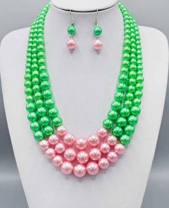 PINK GREEN PEARL NECKLACE SET ( 3243 GRN )