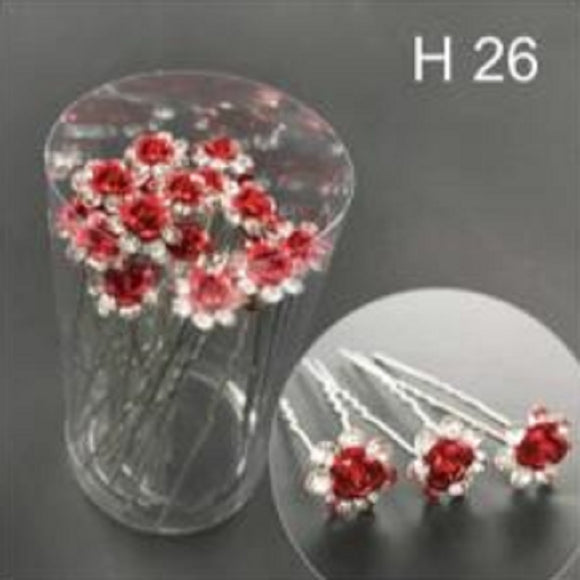 20 SILVER U PIN CLEAR STONES RED FLOWER PIN ( H26 )