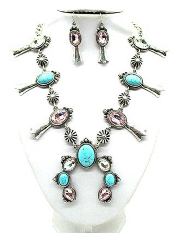 Silver Necklace Set Turquoise Pink Stones ( 2346 MUL )