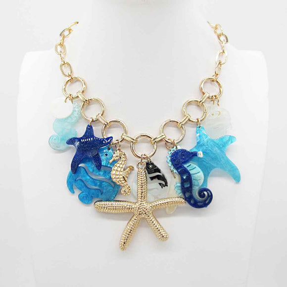 GOLD BLUE SEA LIFE CHARM NECKLACE ( 0199 BLUE )