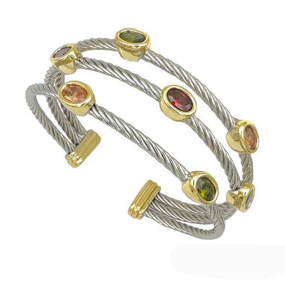 SILVER GOLD CUFF BANGLE MULTI COLOR STONES ( 9664 M )