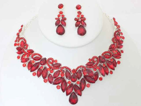SILVER NECKLACE SET RED STONES ( 19287 SRD )