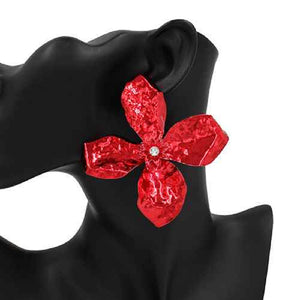 RED METAL FLOWER EARRINGS CLEAR STONES ( 4360 RED )