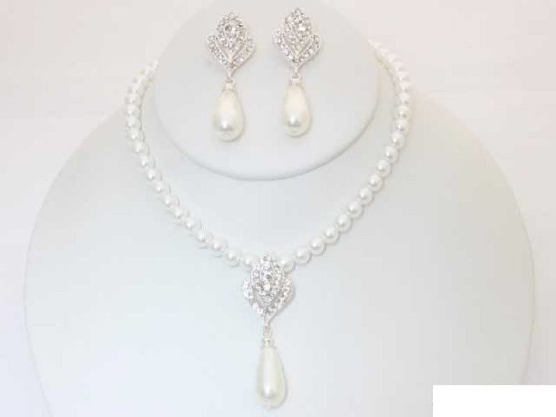 Silver White Pearl Necklace Set 20476 S