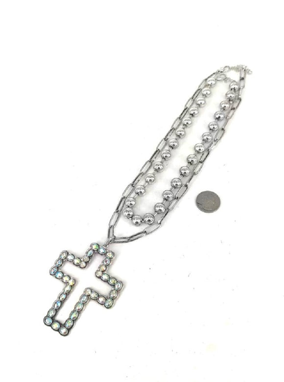 Silver Necklace Cross Pendant AB Stones ( 0225 SBAB )