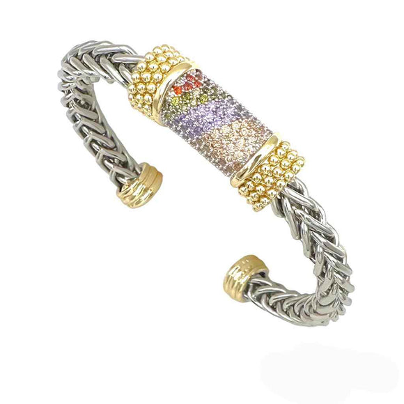 SILVER GOLD CUFF BANGLE MULTICOLOR CZ STONES ( 9065 BKM )