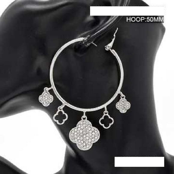 SILVER QUATREFOIL HOOP EARRINGS CLEAR STONES ( 3518 RDCLR )