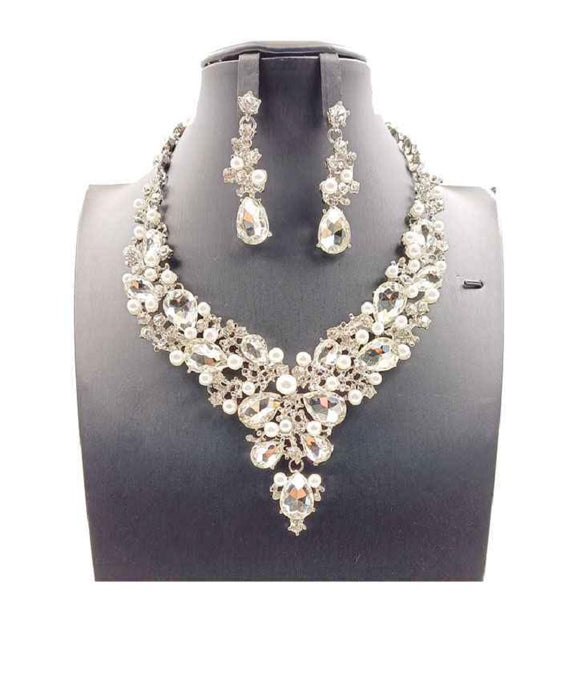 SILVER WHITE PEARLS CLEAR Rhinestone Necklace Set ( 0058 3WH )