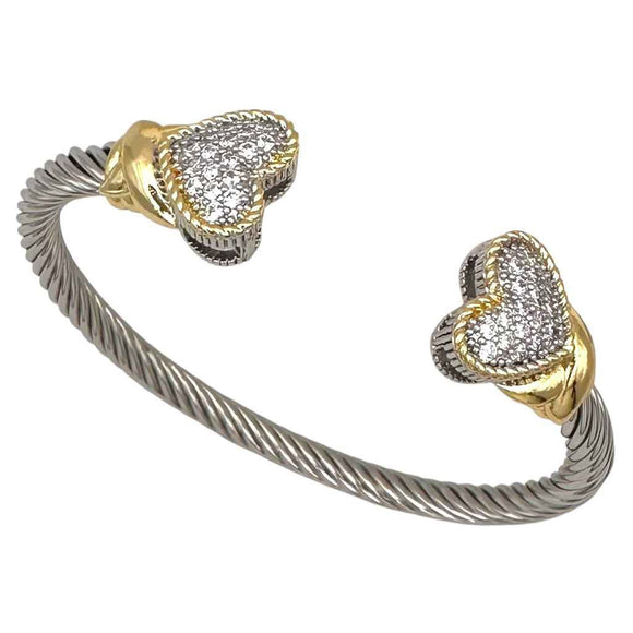 SILVER GOLD CUFF BANGLE HEART CZ STONES ( 1214 B )