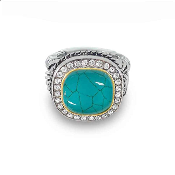 SILVER GOLD STRETCH RING TURQUOISE STONE ( 3256 TQ )