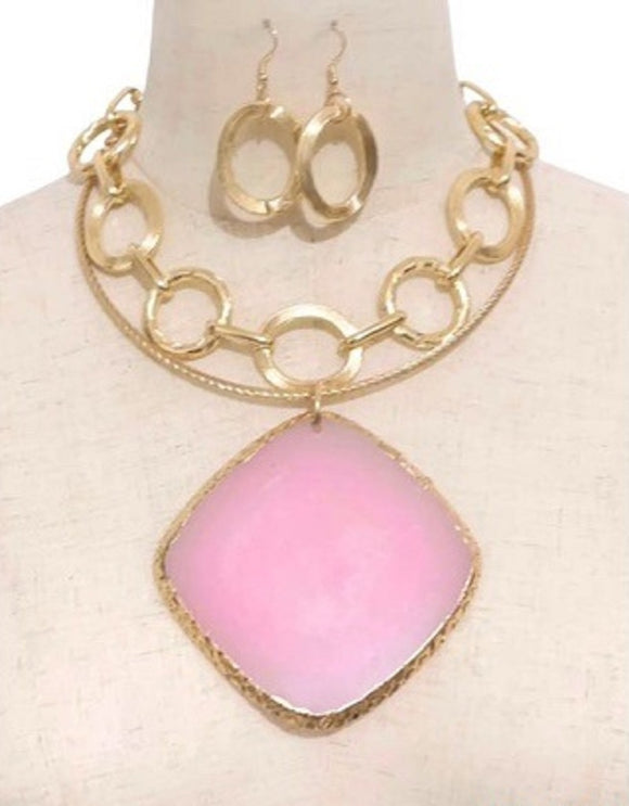 GOLD CHOKER AGATE NECKLACE SET PINK STONE ( 3652 GPPK )