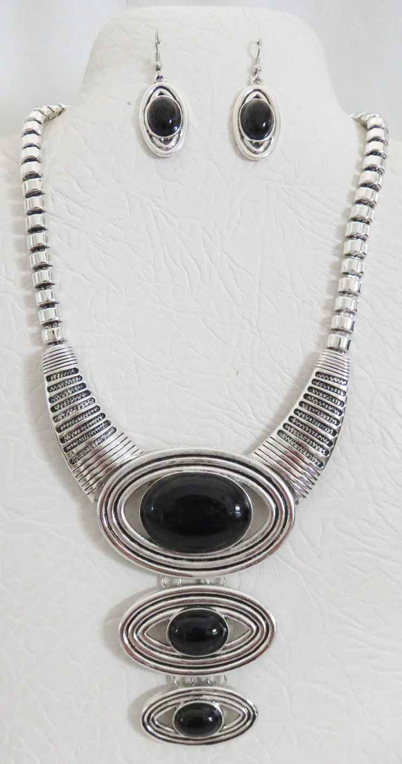 Silver Black Necklace Set ( 3464 BK )