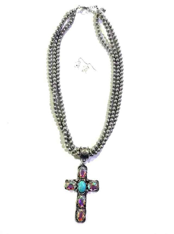SILVER CROSS NECKLACE AB STONES ( 1703 SBTQAB )