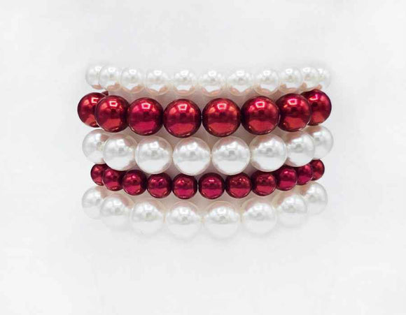 5 STRAND RED WHITE PEARL STRETCH BRACELET ( 6050 RD )