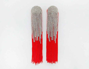 LONG GOLD RED TASSEL EARRINGS CLEAR STONES ( 2602 RD )