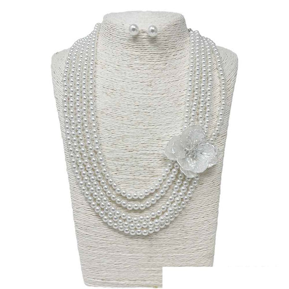 SILVER WHITE PEARL FLOWER NECKLACE SET ( 142 RWH )