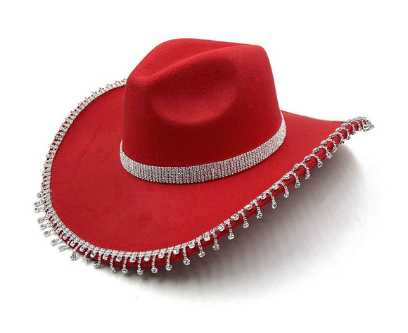 RED COWBOY HAT CLEAR STONES DANGLING ( 0682 RDCL )