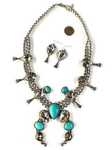 CRYSTAL SQUASH BLOSSOM METAL PEARL NECKLACE SET ( 2297 SBCR )