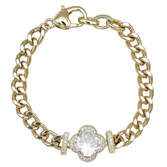 14K GOLD PLATED CZ QUATREFOIL BRACELET CLEAR ( 1057 BGC )