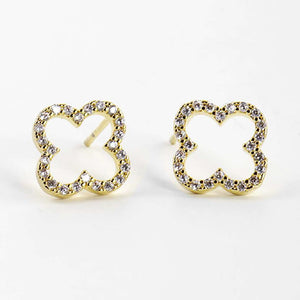 GOLD DIPPED QUATREFOIL EARRINGS CLEAR CZ STONES ( 1381 GCR )