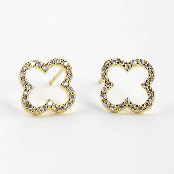 GOLD DIPPED QUATREFOIL EARRINGS CLEAR CZ STONES ( 1381 GCR )