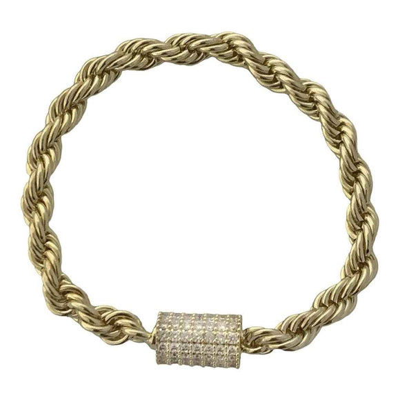 GOLD ROPE CHAIN MAGNETIC BRACELET CYLINDER CLEAR STONES ( 9523 G )