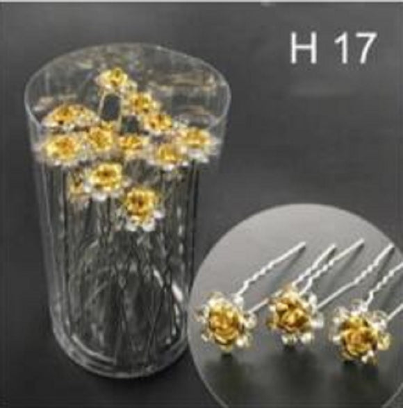 20 SILVER U PIN CLEAR STONES YELLOW FLOWER PIN ( H17 )