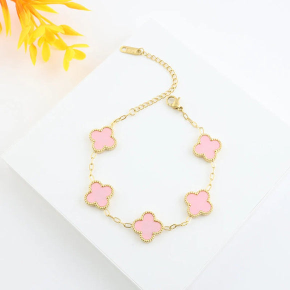 STAINLESS STEEL GOLD Pink QUATREFOIL BRACELET ( B 739 PK )