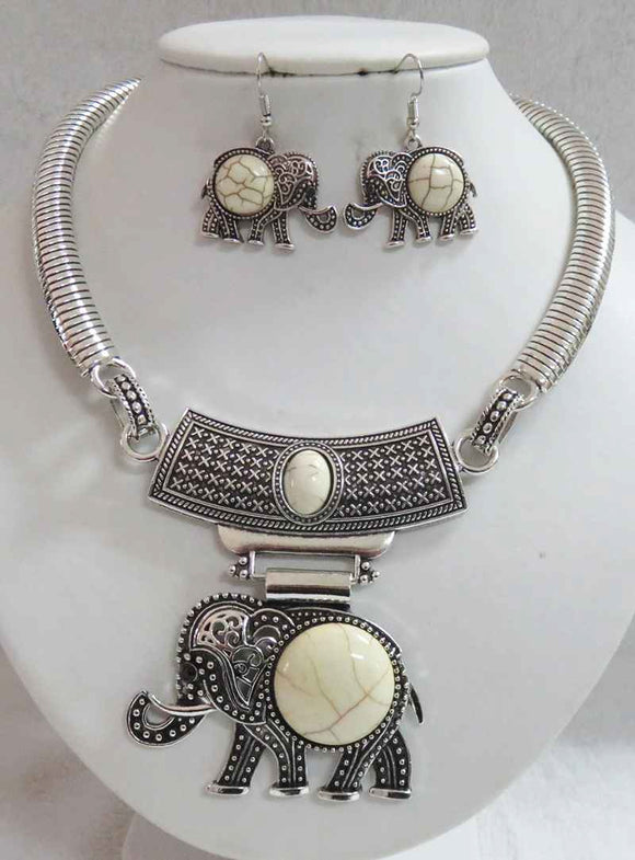 Burnish Silver and WHITE Elephant Stone Necklace Set ( 3396 WT )