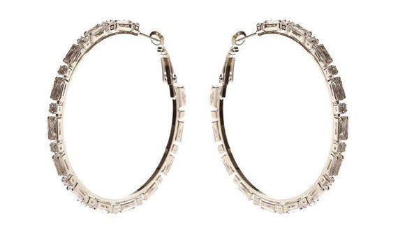 SILVER HOOP EARRINGS CLEAR CZ STONES ( 11224 CZ )