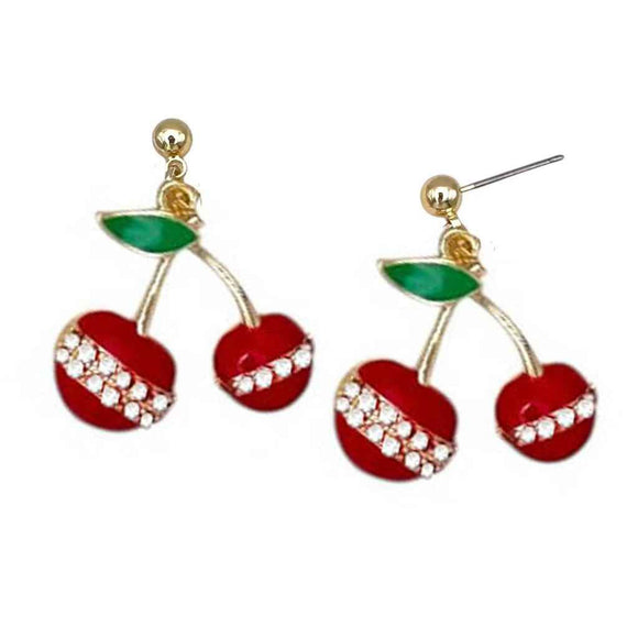 14K GOLD PLATED CHERRY EARRINGS CLEAR CZ STONES ( 1342 EGC )