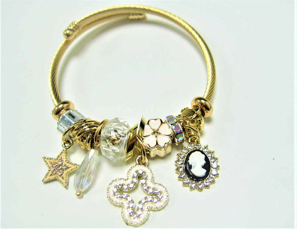 GOLD CUFF BANGLE WHITE CLEAR STONES CHARMS ( 806 GWT )