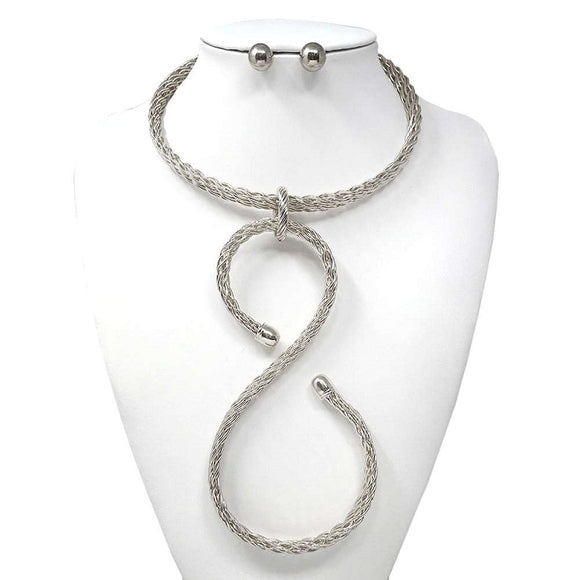 SILVER CHOKER NECKLACE SET CURVED PENDANT ( 10731 R )