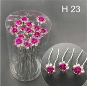 20 SILVER U PIN FUCHSIA CLEAR STONES FLOWER PIN ( H23 )