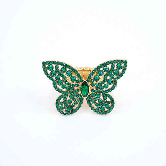 GOLD BUTTERFLY STRETCH RING GREEN STONES ( 2014 GDEMR )