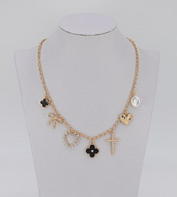 GOLD NECKLACE QUATREFOIL CROSS BLACK ( 17473 GLBLK )