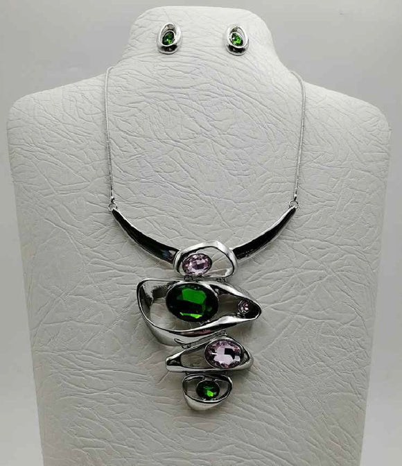 SILVER NECKLACE SET PINK GREEN STONES ( 3844 SPG )
