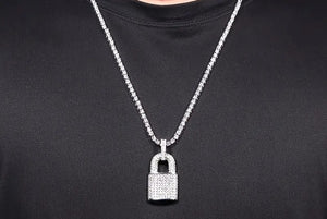 SILVER LOCK PENDANT CZ NECKLACE ( 1134 )